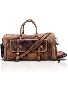 Men's Distressed Tan With Shoe Pocket Vintage Genuine Leather Duffel Travel Bag